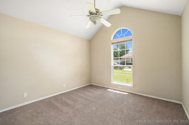 20409 E 49th St S, Broken Arrow, OK 74014 - spare room featuring a ceiling fan, carpet flooring, and high vaulted ceiling