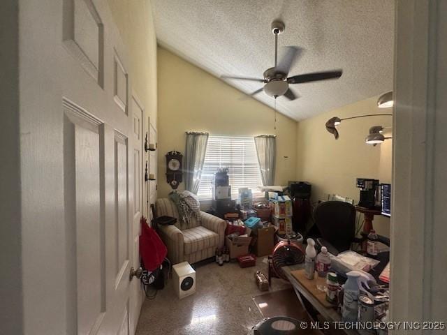 7412 W 38th St, Tulsa, OK 74107 - living area with a ceiling fan, a textured ceiling, and high vaulted ceiling