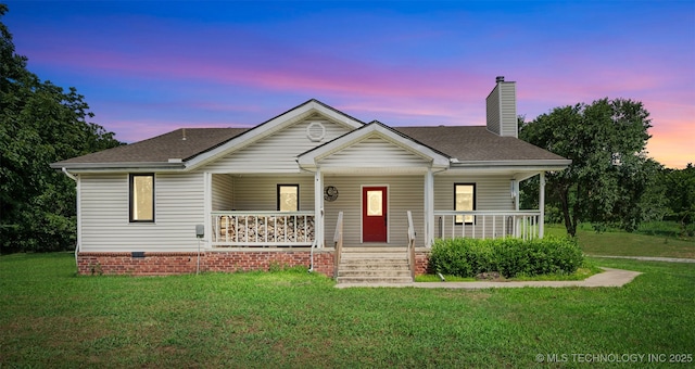 33966 S 4310th Rd, Big Cabin, OK 74332 - bungalow-style house featuring a chimney, a porch, a front lawn, and a shingled roof