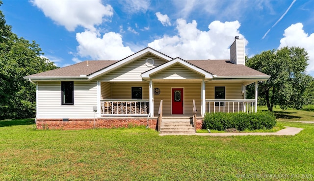 33966 S 4310th Rd, Big Cabin, OK 74332 - view of front of property featuring a chimney, roof with shingles, covered porch, and a front yard