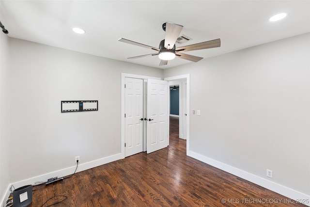 33966 S 4310th Rd, Big Cabin, OK 74332 - unfurnished bedroom with recessed lighting, wood finished floors, a closet, and a ceiling fan
