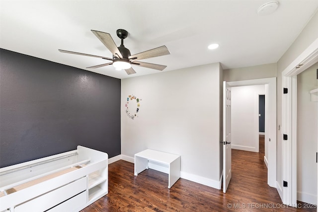 33966 S 4310th Rd, Big Cabin, OK 74332 - unfurnished bedroom with dark wood-style flooring, a ceiling fan, and recessed lighting