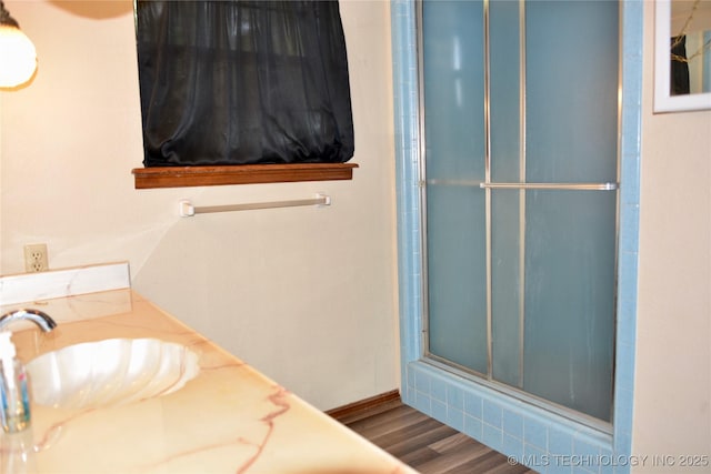27855 S 170th Rd, Henryetta, OK 74437 - bathroom with a shower stall, wood finished floors, and vanity