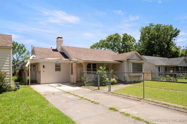 522 E 6th St, Claremore, OK 74017 - single story home with driveway, a fenced front yard, a gate, and a chimney