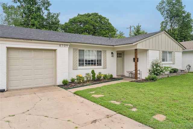 4706 S Madison Ave, Tulsa, OK 74105 - ranch-style house featuring brick siding, a garage, a front yard, roof with shingles, and concrete driveway