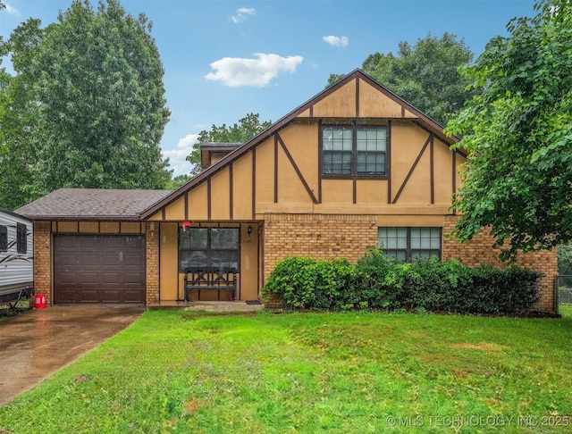 1105 S Maple Ave, Tahlequah, OK 74464 - tudor house featuring a garage, brick siding, and a front yard