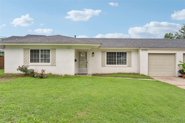 4707 S Madison Ave, Tulsa, OK 74105 - ranch-style home with brick siding, driveway, an attached garage, a front lawn, and roof with shingles