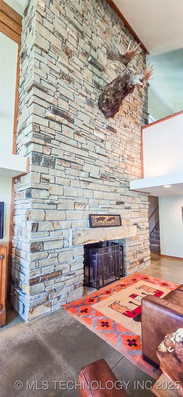 117189 S 4238th Rd, Eufaula, OK 74432 - living area featuring a stone fireplace and stairs