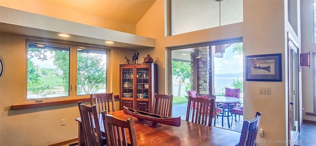 117189 S 4238th Rd, Eufaula, OK 74432 - dining space featuring high vaulted ceiling and wood finished floors