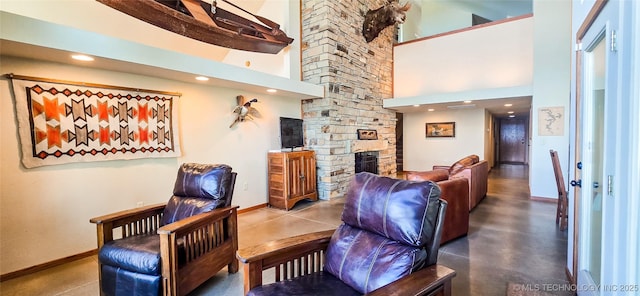 117189 S 4238th Rd, Eufaula, OK 74432 - living area with a high ceiling, a fireplace, recessed lighting, and finished concrete floors