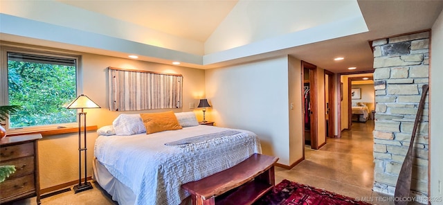 117189 S 4238th Rd, Eufaula, OK 74432 - bedroom with recessed lighting, lofted ceiling, and finished concrete flooring