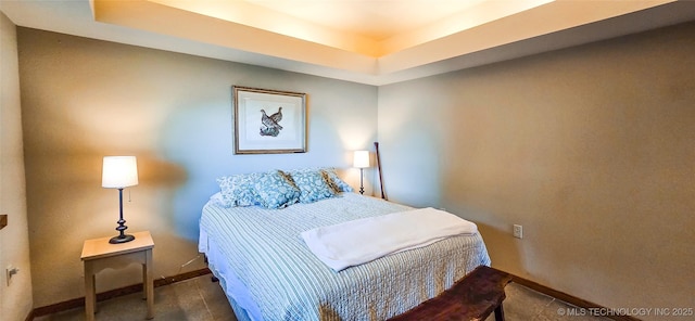 117189 S 4238th Rd, Eufaula, OK 74432 - bedroom featuring baseboards and a tray ceiling