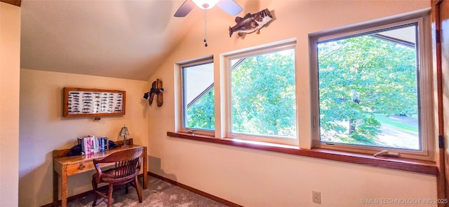 117189 S 4238th Rd, Eufaula, OK 74432 - carpeted home office with lofted ceiling, healthy amount of natural light, and ceiling fan