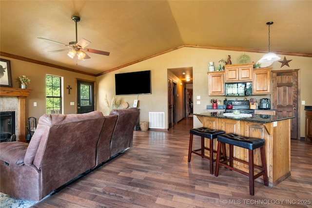 14629 E 233rd St S, Webbers Falls, OK 74470 - living area with dark wood-style flooring, ceiling fan, lofted ceiling, a tiled fireplace, and crown molding