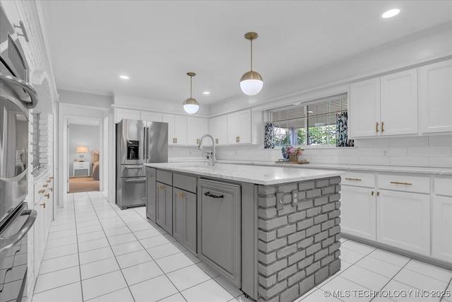 5824 S Louisville Ave, Tulsa, OK 74135 - kitchen featuring high quality fridge, gray cabinets, white cabinetry, backsplash, and recessed lighting