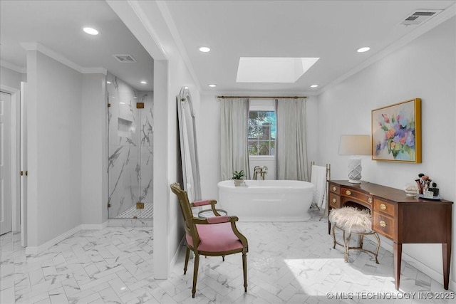 5824 S Louisville Ave, Tulsa, OK 74135 - full bathroom with marble finish flooring, recessed lighting, a marble finish shower, a skylight, and ornamental molding