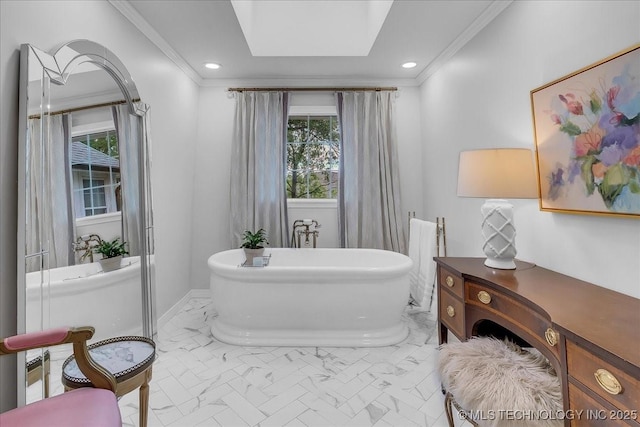5824 S Louisville Ave, Tulsa, OK 74135 - full bath featuring crown molding, marble look tiles, a freestanding tub, and recessed lighting