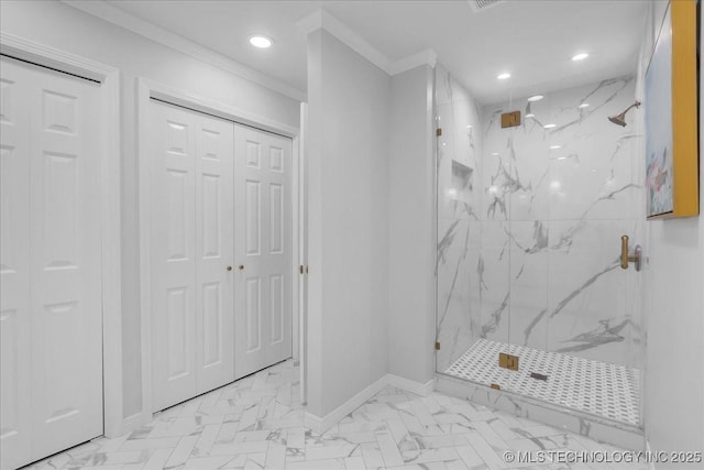 5824 S Louisville Ave, Tulsa, OK 74135 - bathroom featuring a closet, a marble finish shower, crown molding, recessed lighting, and marble look tiles