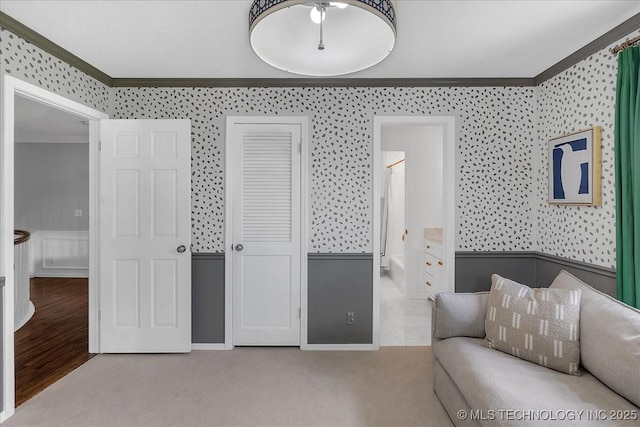 5824 S Louisville Ave, Tulsa, OK 74135 - carpeted bedroom with ornamental molding and wallpapered walls