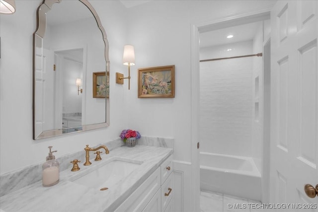 5824 S Louisville Ave, Tulsa, OK 74135 - full bathroom featuring vanity, bathing tub / shower combination, recessed lighting, and marble finish floors