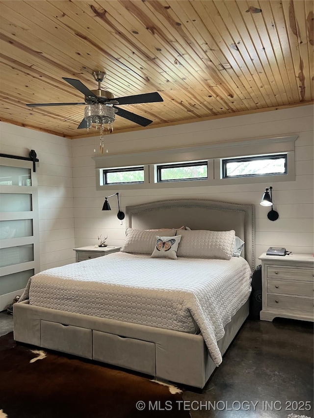 13425 SW 1025th Ave, Tuskahoma, OK 74571 - bedroom with wood ceiling, finished concrete floors, and ceiling fan