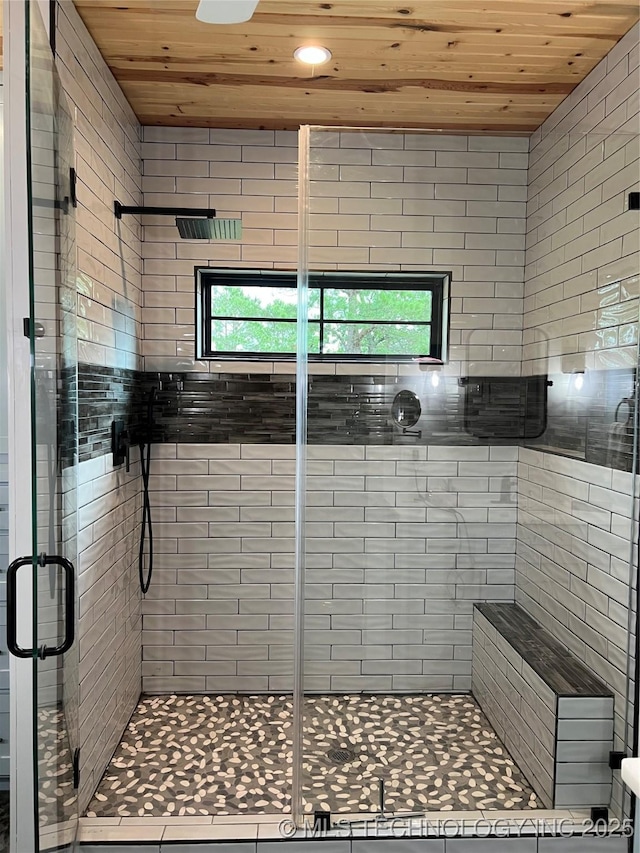 13425 SW 1025th Ave, Tuskahoma, OK 74571 - bathroom featuring wood ceiling, a stall shower, and recessed lighting