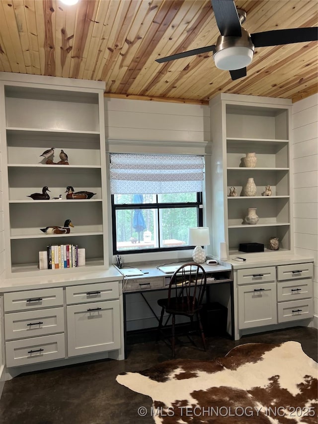 13425 SW 1025th Ave, Tuskahoma, OK 74571 - office featuring wood ceiling, wood walls, a ceiling fan, built in shelves, and built in study area