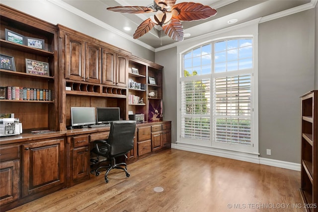 509 E Glendale St, Broken Arrow, OK 74011 - home office with built in desk, a ceiling fan, light wood-type flooring, ornamental molding, and recessed lighting
