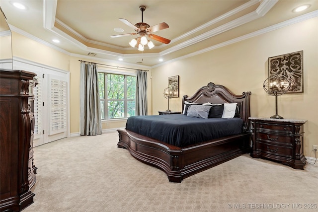509 E Glendale St, Broken Arrow, OK 74011 - carpeted bedroom with crown molding, a raised ceiling, and a ceiling fan