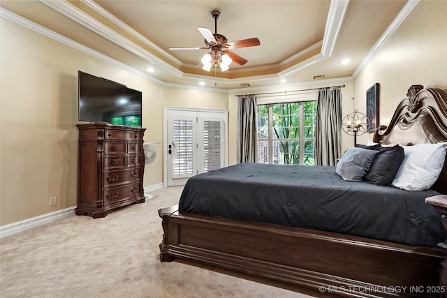 509 E Glendale St, Broken Arrow, OK 74011 - bedroom featuring a raised ceiling, access to outside, ornamental molding, light colored carpet, and recessed lighting