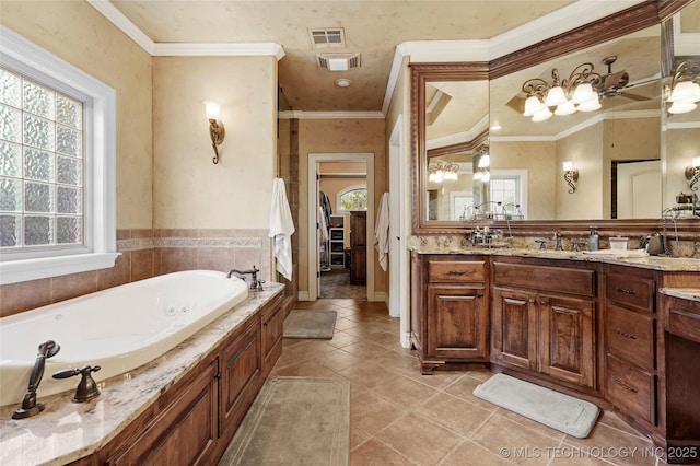 509 E Glendale St, Broken Arrow, OK 74011 - full bathroom featuring healthy amount of natural light, tile patterned flooring, a tub with jets, vanity, and ornamental molding
