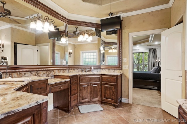 509 E Glendale St, Broken Arrow, OK 74011 - bathroom with ornamental molding, vanity, tile patterned flooring, ensuite bath, and ceiling fan