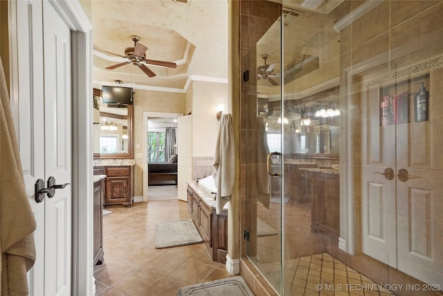509 E Glendale St, Broken Arrow, OK 74011 - bathroom with ornamental molding, a ceiling fan, vanity, a stall shower, and tile patterned floors