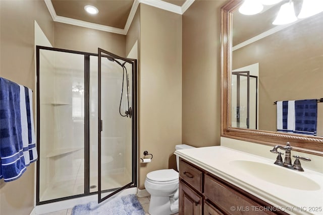 509 E Glendale St, Broken Arrow, OK 74011 - bathroom featuring ornamental molding, a shower stall, vanity, and tile patterned flooring
