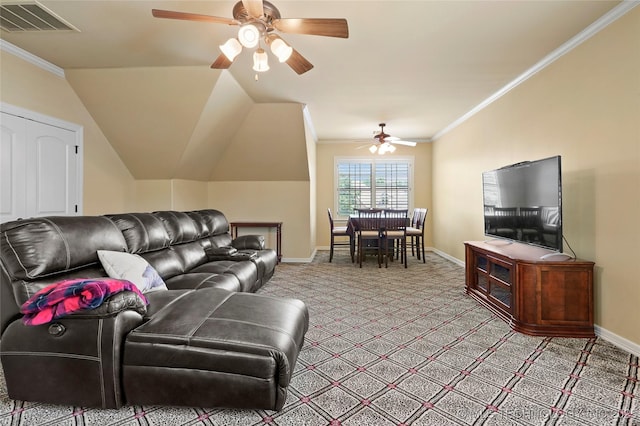 509 E Glendale St, Broken Arrow, OK 74011 - carpeted living room with ceiling fan and ornamental molding