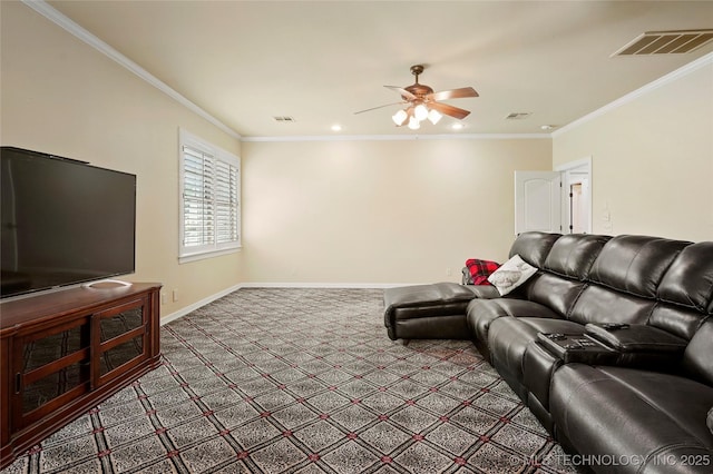 509 E Glendale St, Broken Arrow, OK 74011 - carpeted living room with a ceiling fan, crown molding, and recessed lighting