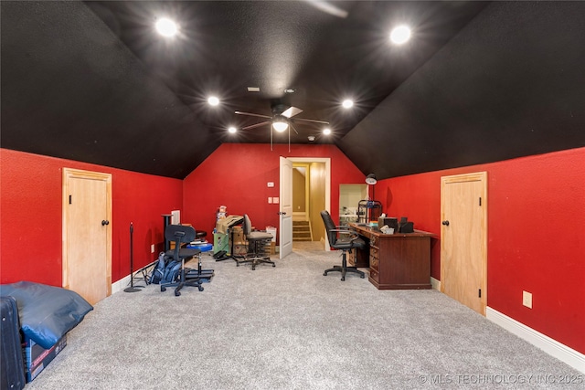 13559 E 463rd Rd, Claremore, OK 74017 - office area featuring carpet floors, vaulted ceiling, and a ceiling fan