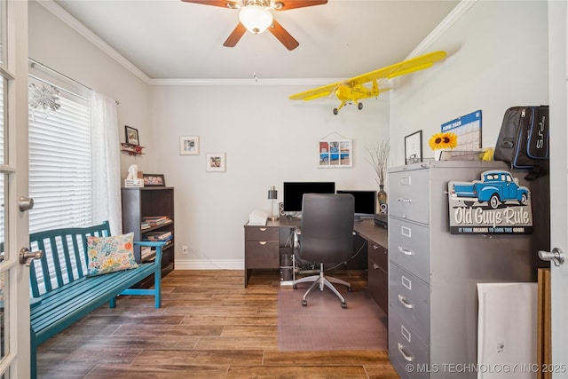 4005 Frontier Rd, Sapulpa, OK 74066 - office with a ceiling fan, ornamental molding, and wood finished floors