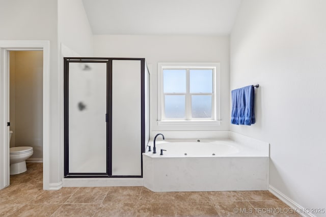 3604 W 109th St S, Jenks, OK 74037 - full bath featuring a stall shower, a tub with jets, tile patterned floors, and lofted ceiling