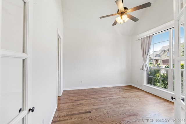 3604 W 109th St S, Jenks, OK 74037 - empty room featuring high vaulted ceiling, wood finished floors, and a ceiling fan