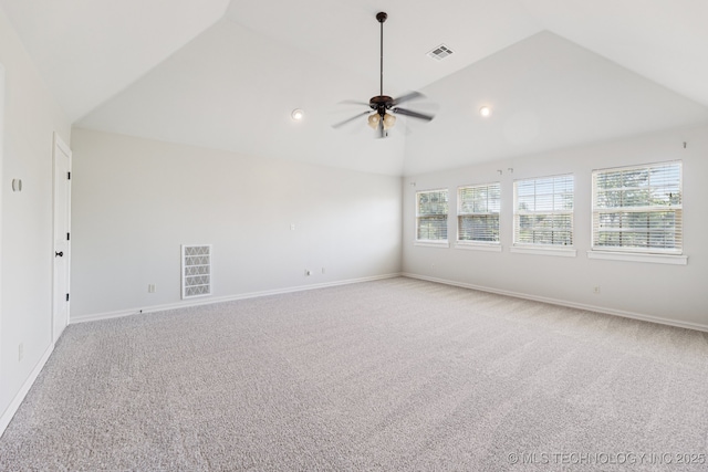 3604 W 109th St S, Jenks, OK 74037 - unfurnished room featuring vaulted ceiling, a ceiling fan, light colored carpet, and recessed lighting