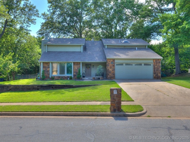 6708 S 5th St, Broken Arrow, OK 74011 - view of front of home featuring stone siding, a chimney, driveway, and an attached garage