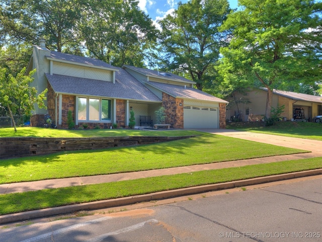 6708 S 5th St, Broken Arrow, OK 74011 - view of front of property with an attached garage, stone siding, concrete driveway, a front lawn, and a chimney
