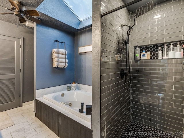 6708 S 5th St, Broken Arrow, OK 74011 - bathroom featuring a shower stall, marble look tile flooring, a whirlpool tub, and a ceiling fan