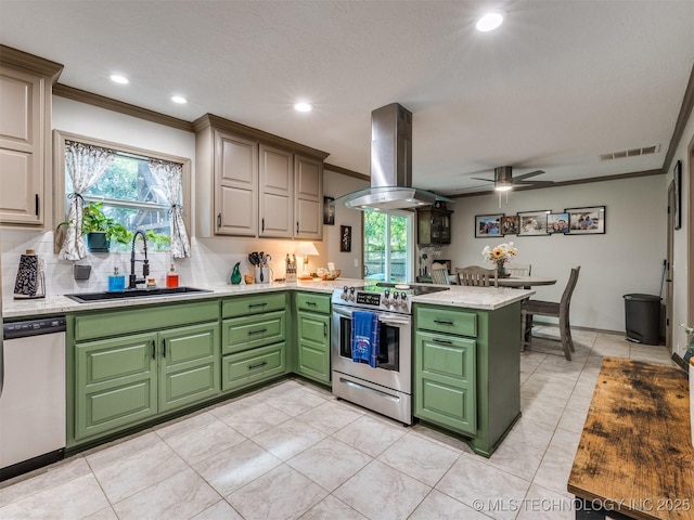 6708 S 5th St, Broken Arrow, OK 74011 - kitchen with appliances with stainless steel finishes, island exhaust hood, ornamental molding, a ceiling fan, and a peninsula