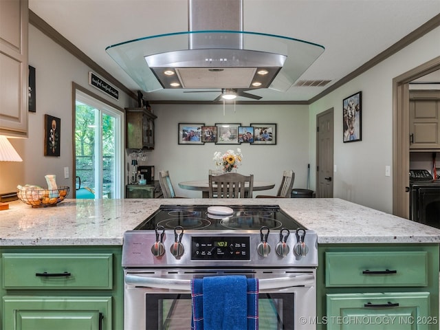 6708 S 5th St, Broken Arrow, OK 74011 - kitchen featuring stainless steel electric stove, washing machine and dryer, green cabinets, ornamental molding, and light stone countertops
