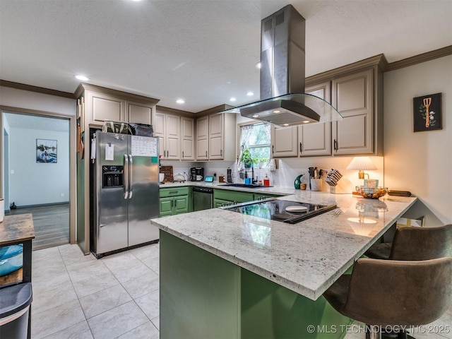 6708 S 5th St, Broken Arrow, OK 74011 - kitchen featuring stainless steel appliances, island range hood, a peninsula, ornamental molding, and light stone countertops