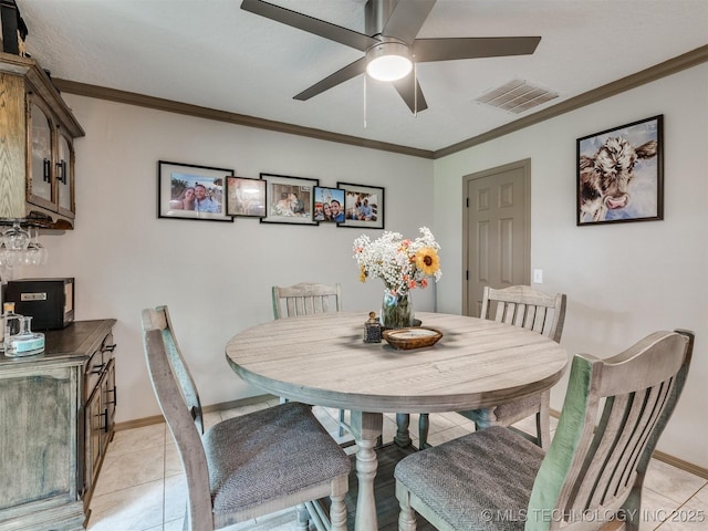 6708 S 5th St, Broken Arrow, OK 74011 - dining area with a ceiling fan, crown molding, and light tile patterned floors