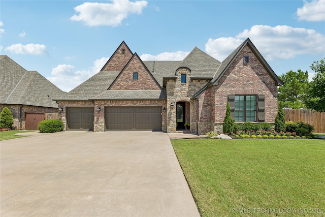 11029 S Kennedy St, Jenks, OK 74037 - french country style house with a garage, driveway, stone siding, brick siding, and a shingled roof