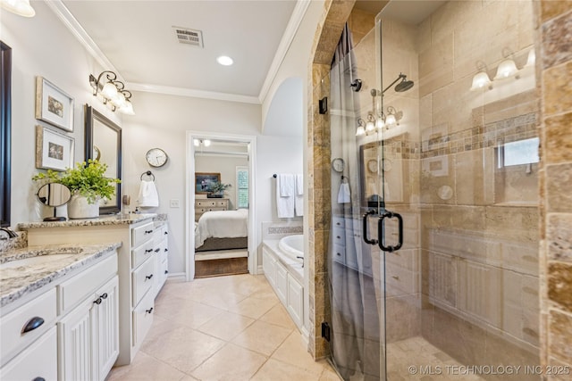 11029 S Kennedy St, Jenks, OK 74037 - full bathroom with vanity, ensuite bathroom, ornamental molding, a shower stall, and tile patterned floors